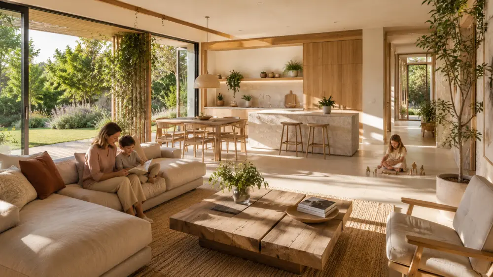 madre con hijos en salon de una vivienda residencial